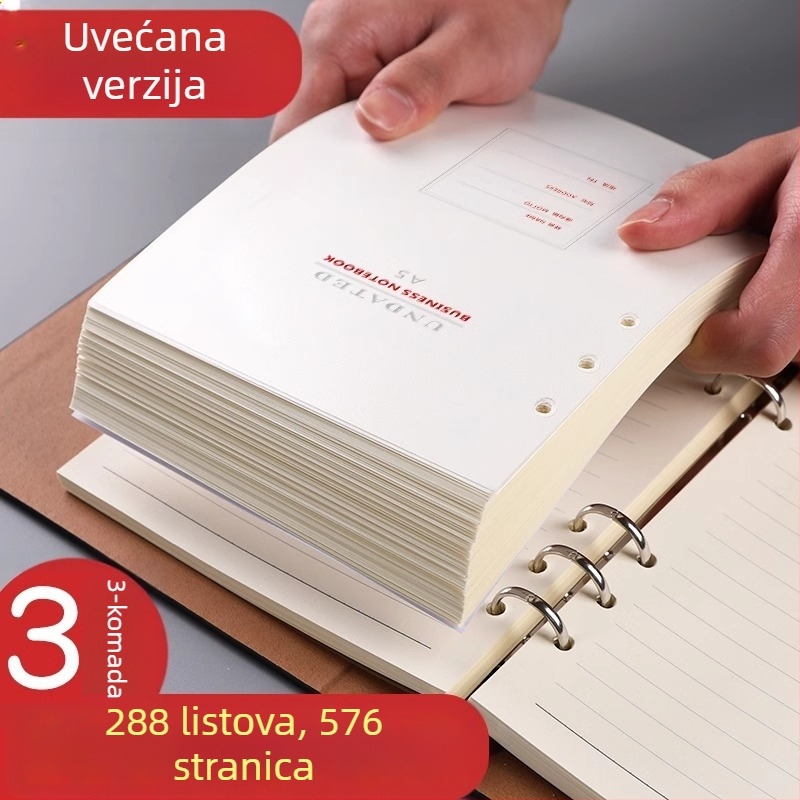 Odvojno jezgro bilježnice sa sustavom rupa 6/9, unutarnje stranice od šumskog papira, više od 100 stranica, prilagodljiva obrada, ispisano logo