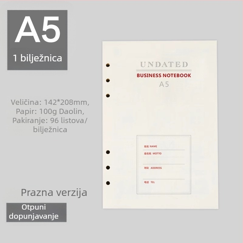 Odvojno jezgro bilježnice sa sustavom rupa 6/9, unutarnje stranice od šumskog papira, više od 100 stranica, prilagodljiva obrada, ispisano logo