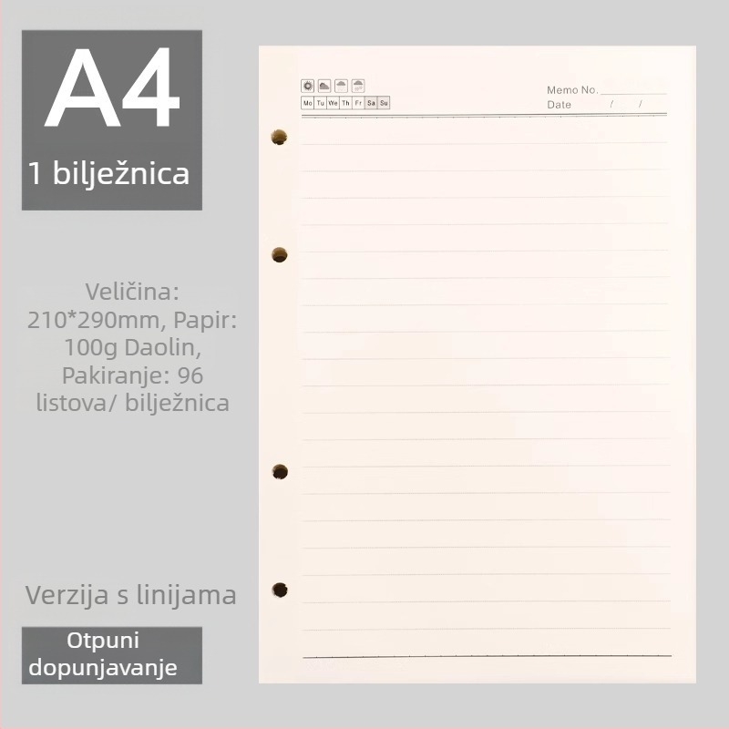 Odvojno jezgro bilježnice sa sustavom rupa 6/9, unutarnje stranice od šumskog papira, više od 100 stranica, prilagodljiva obrada, ispisano logo