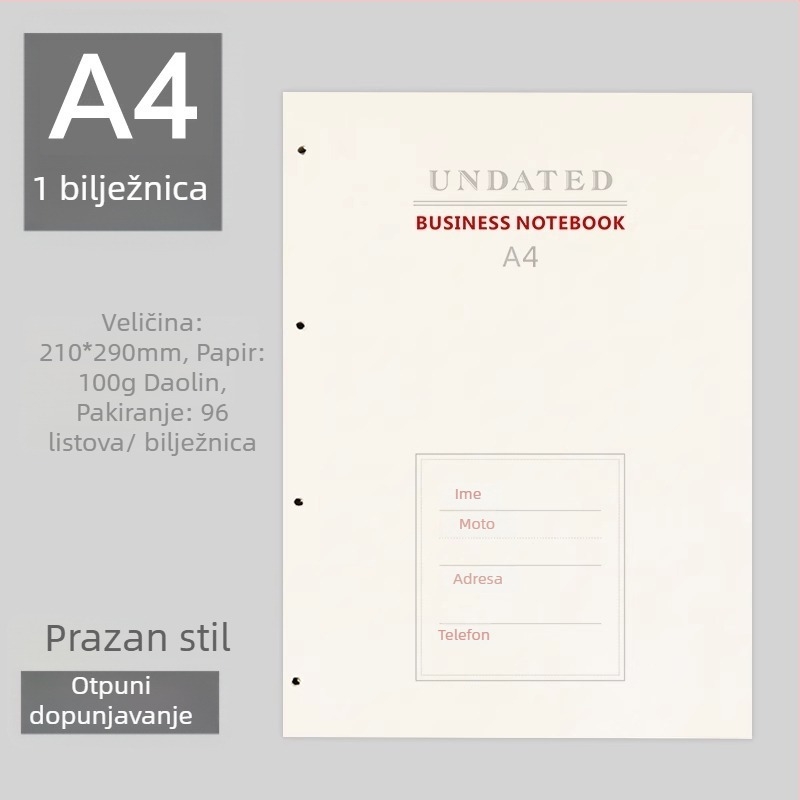 Odvojno jezgro bilježnice sa sustavom rupa 6/9, unutarnje stranice od šumskog papira, više od 100 stranica, prilagodljiva obrada, ispisano logo