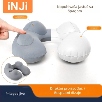 Putni U-oblik nadmadrac s tlakom za naduhvanje i kapuljom – lagan (155 g); materijal: Ice Silk vanjski premaz + PVC podstava; pogodan za auto, vlak i avion