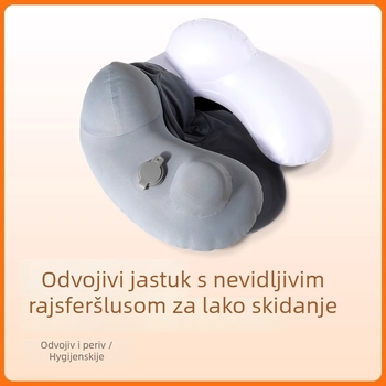 Putni U-oblik nadmadrac s tlakom za naduhvanje i kapuljom – lagan (155 g); materijal: Ice Silk vanjski premaz + PVC podstava; pogodan za auto, vlak i avion