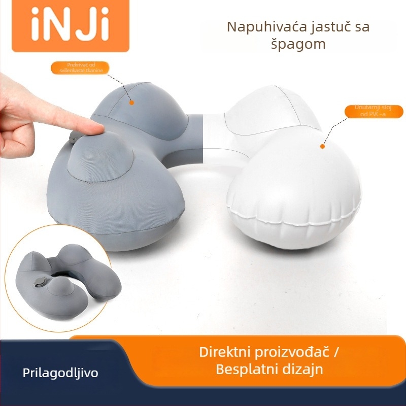 Putni U-oblik nadmadrac s tlakom za naduhvanje i kapuljom – lagan (155 g); materijal: Ice Silk vanjski premaz + PVC podstava; pogodan za auto, vlak i avion