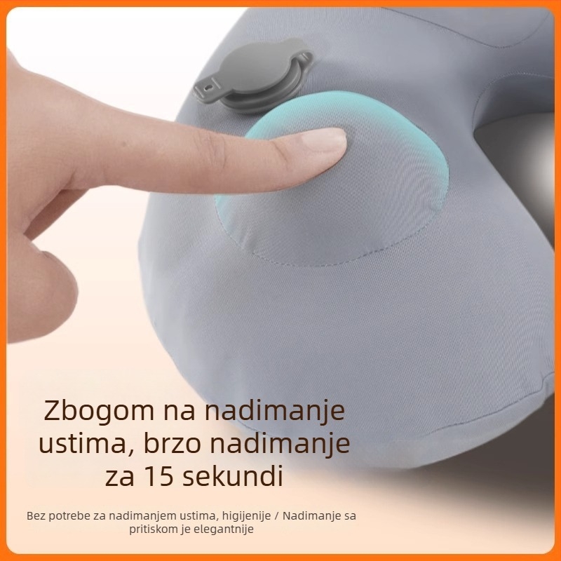 Putni U-oblik nadmadrac s tlakom za naduhvanje i kapuljom – lagan (155 g); materijal: Ice Silk vanjski premaz + PVC podstava; pogodan za auto, vlak i avion