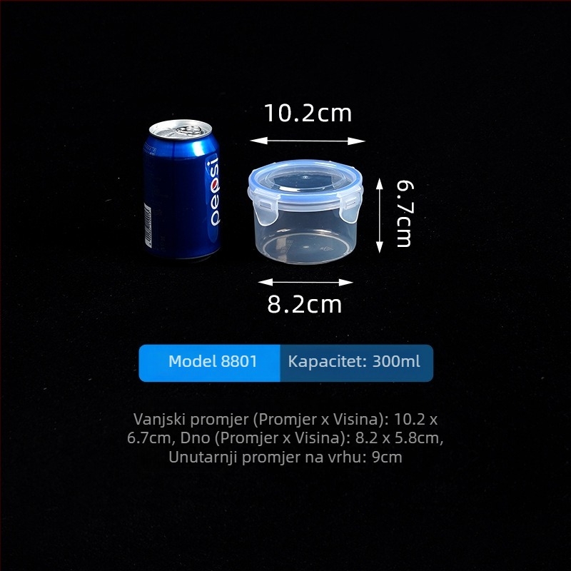 Okrugla prozirna plastična staklenka s hermetičkim zatvaranjem, kapaciteta 1–2 L, pogodna za mikrovalnu, za mlijeko u prahu i žitarice