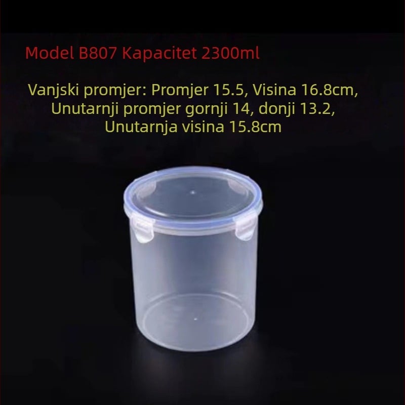 Okrugla prozirna plastična staklenka s hermetičkim zatvaranjem, kapaciteta 1–2 L, pogodna za mikrovalnu, za mlijeko u prahu i žitarice