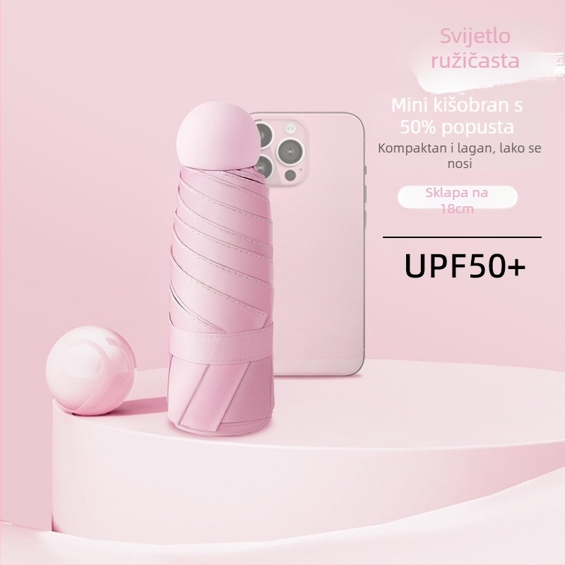 Kapsulni kišobran s UPF50+ zaštitom, 190T materijal, aluminijski okvir i drška, 6 rebara, ručno otvaranje i zatvaranje