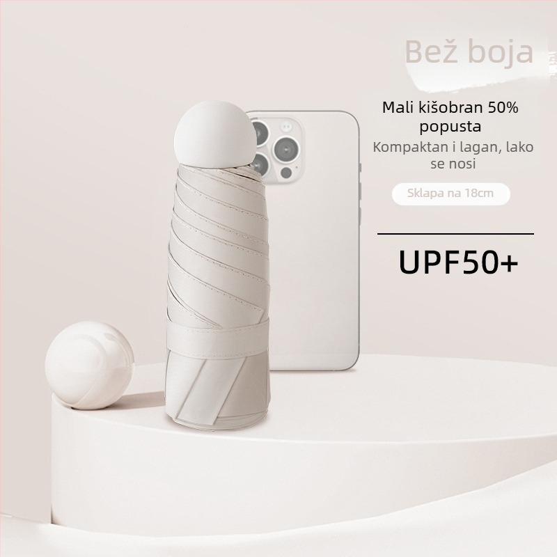 Kapsulni kišobran s UPF50+ zaštitom, 190T materijal, aluminijski okvir i drška, 6 rebara, ručno otvaranje i zatvaranje