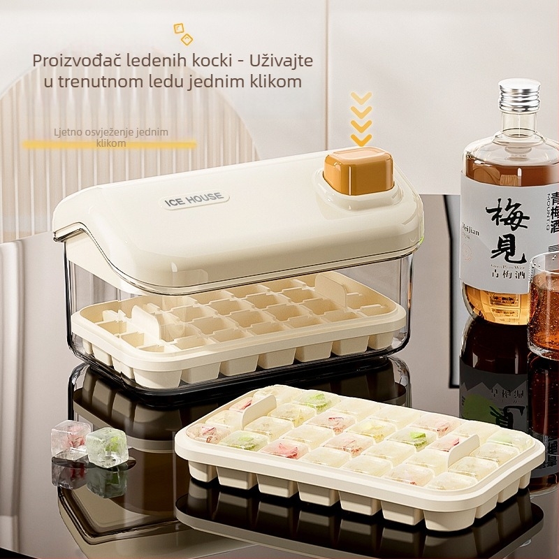 Posuda za led s velikim kapacitetom, prehrambene kvalitete, kućna upotreba, s poklopom, jednim gumbom za proizvodnju leda, jednostavno vađenje iz kalupa, pogodna za DIY dječju hranu