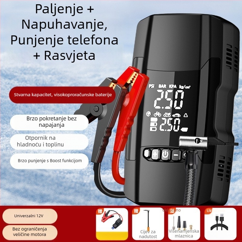 Automobilska pumpa za zrak s hitnim pokretanjem i napajanjem, 14,8 V, 120 W, 35 L/min, digitalni zaslon, radni vijek >20 min