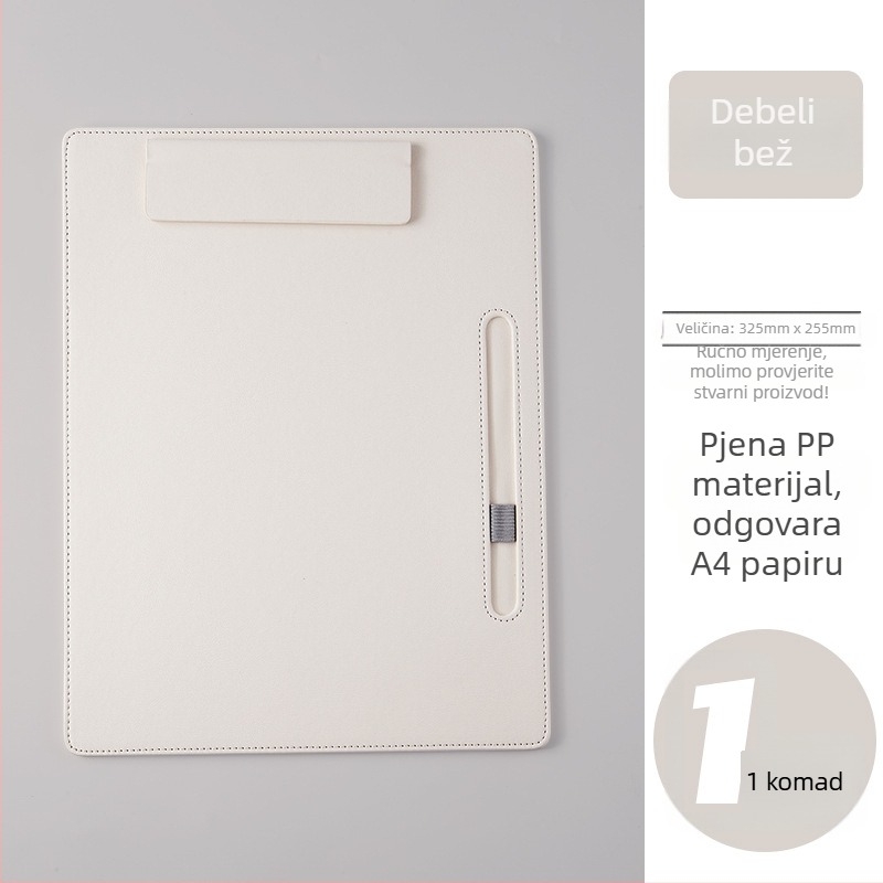 Kožni A4 folder s čvrstim klipsom za poslovne sastanke — moguć ispis loga; veličina klipa 325×255 mm; debljina ploče 8 mm; pogodan za A4 papir.