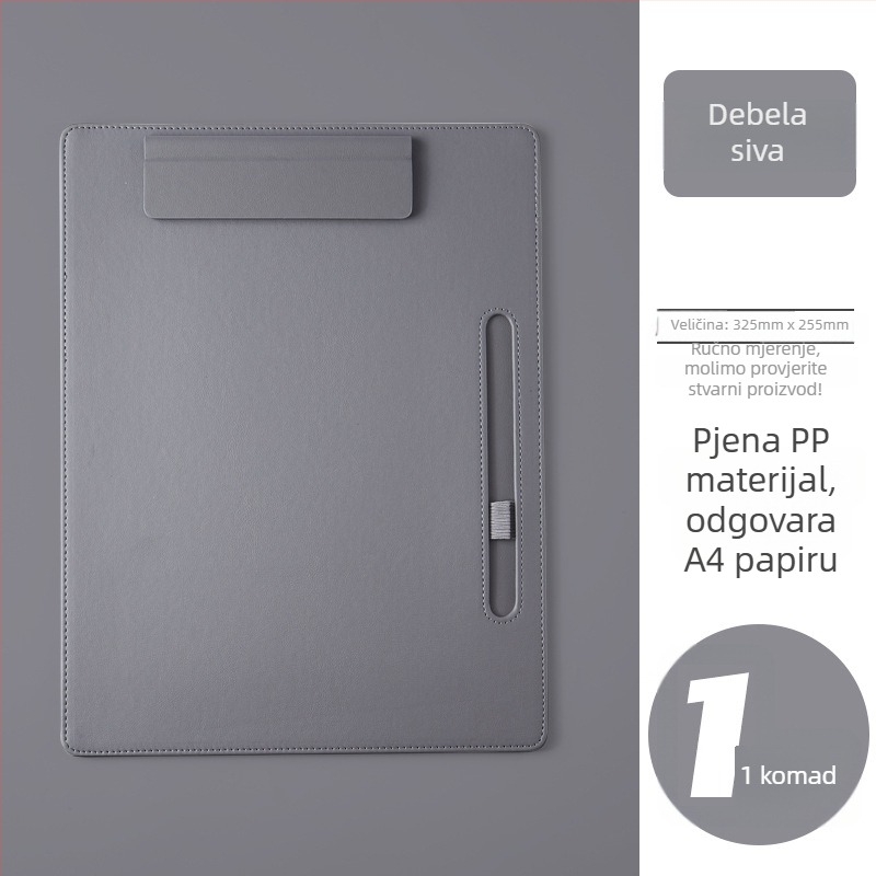 Kožni A4 folder s čvrstim klipsom za poslovne sastanke — moguć ispis loga; veličina klipa 325×255 mm; debljina ploče 8 mm; pogodan za A4 papir.