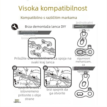 Univerzalni lanac bicikla s Magic Buckle, kompatibilan s MTB 8-11 brzina i cestnim biciklima 24/27/30 brzina, čelik, nosivost 1000