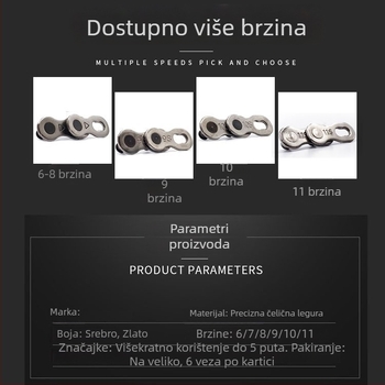 Univerzalni lanac bicikla s Magic Buckle, kompatibilan s MTB 8-11 brzina i cestnim biciklima 24/27/30 brzina, čelik, nosivost 1000