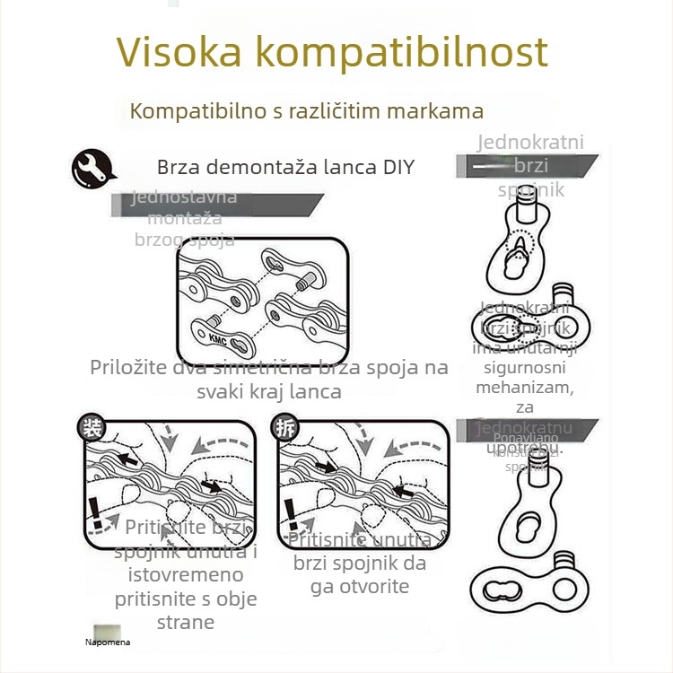 Univerzalni lanac bicikla s Magic Buckle, kompatibilan s MTB 8-11 brzina i cestnim biciklima 24/27/30 brzina, čelik, nosivost 1000