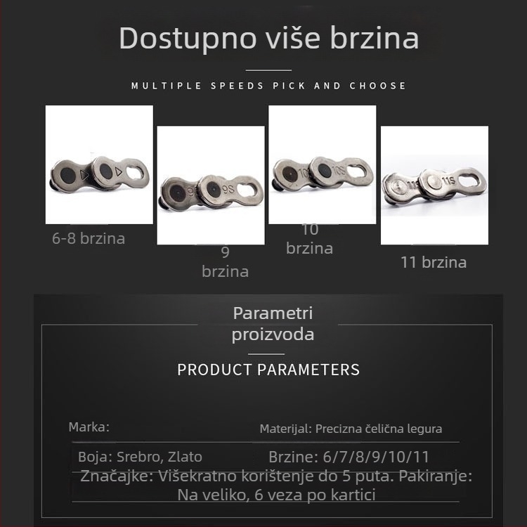 Univerzalni lanac bicikla s Magic Buckle, kompatibilan s MTB 8-11 brzina i cestnim biciklima 24/27/30 brzina, čelik, nosivost 1000