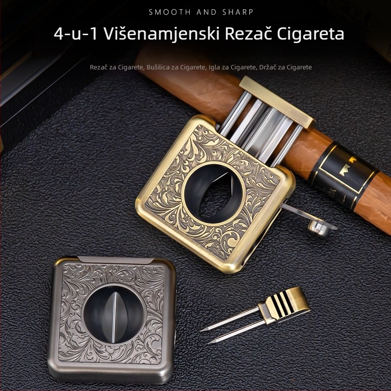 4-u-1 višenamjenski alat za cigare – rezač, probijač, kliješta i otvor za rupe; izrađeno od cinkove legure i nehrđajućeg čelika