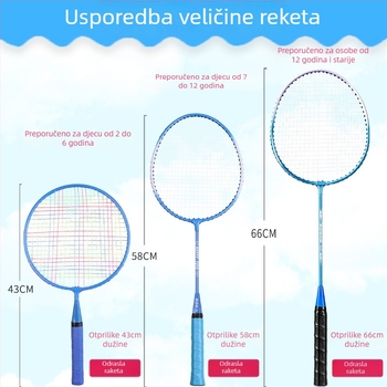 Dječja raketa za badminton s povećanom otpornošću – za djecu od 2 do 12 godina, okvir od željeznog legura, težina 95–100 g, najlonske žice