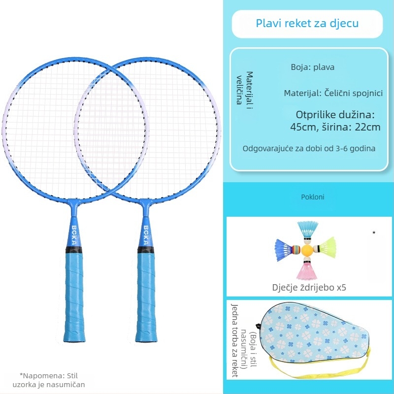 Dječja raketa za badminton s povećanom otpornošću – za djecu od 2 do 12 godina, okvir od željeznog legura, težina 95–100 g, najlonske žice