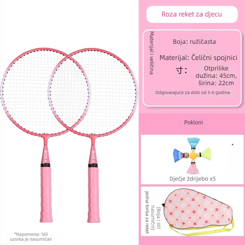 Dječja raketa za badminton s povećanom otpornošću – za djecu od 2 do 12 godina, okvir od željeznog legura, težina 95–100 g, najlonske žice