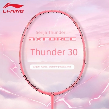 Li-Ning Thunder 30 potpuno karbonska badminton raketa, težina 80–84 g, drška G5, glava ravna, napadački stil