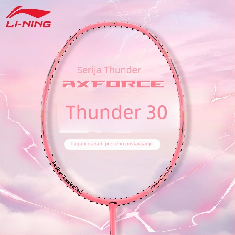 Li-Ning Thunder 30 potpuno karbonska badminton raketa, težina 80–84 g, drška G5, glava ravna, napadački stil