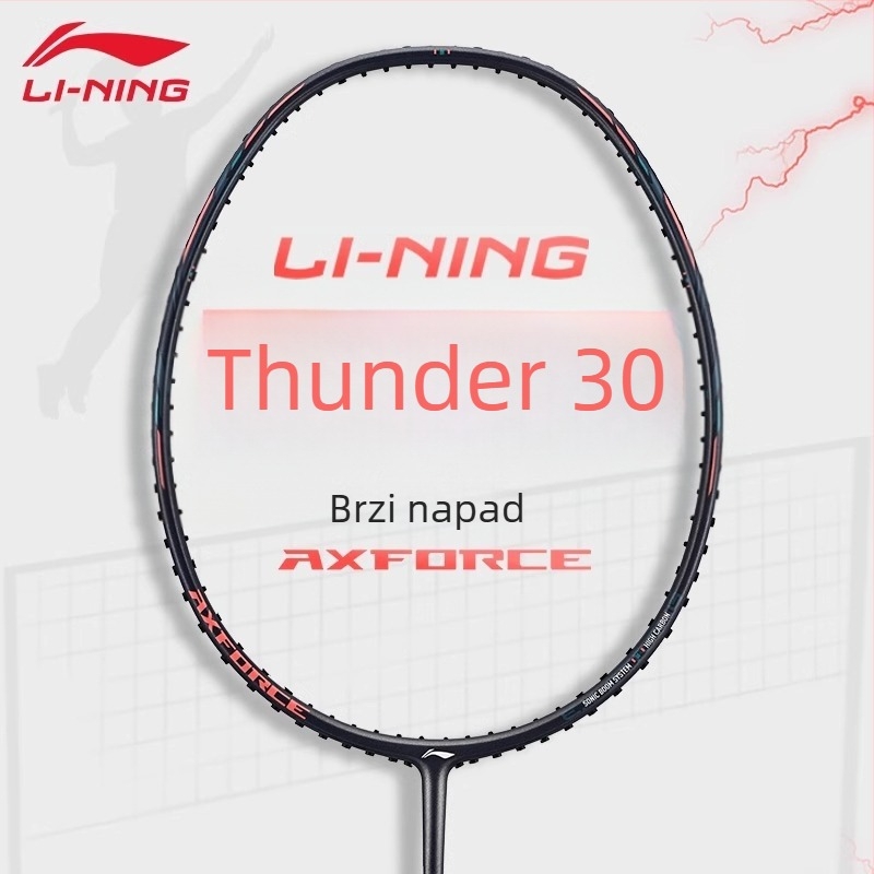Li-Ning Thunder 30 potpuno karbonska badminton raketa, težina 80–84 g, drška G5, glava ravna, napadački stil