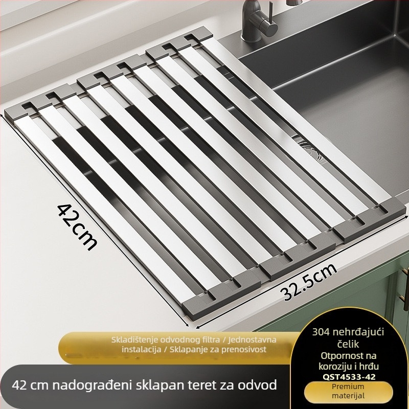Držač za posuđe od nehrđajućeg čelika, odvodni, izvlačno-sklopivi, zidni, moderan minimalistički stil.