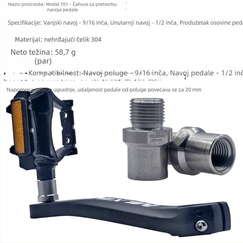 Adapter za pedalne navoje za bicikl, kompatibilan s klikama 9/16 inča i pedalom 1/2 inča