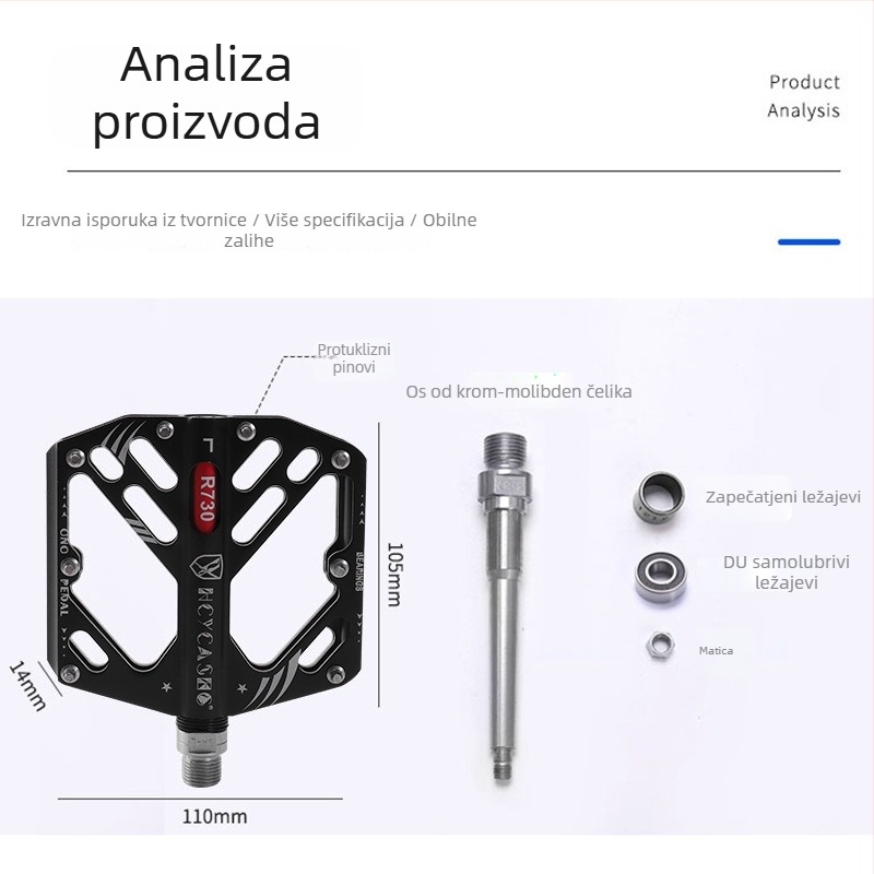 Yiyong R730 pedale za bicikl – kućište od aluminijske legure 6061, os od Cr-Mo čelika, protuklizne široke pedale, za MTB i cestovni bicikl