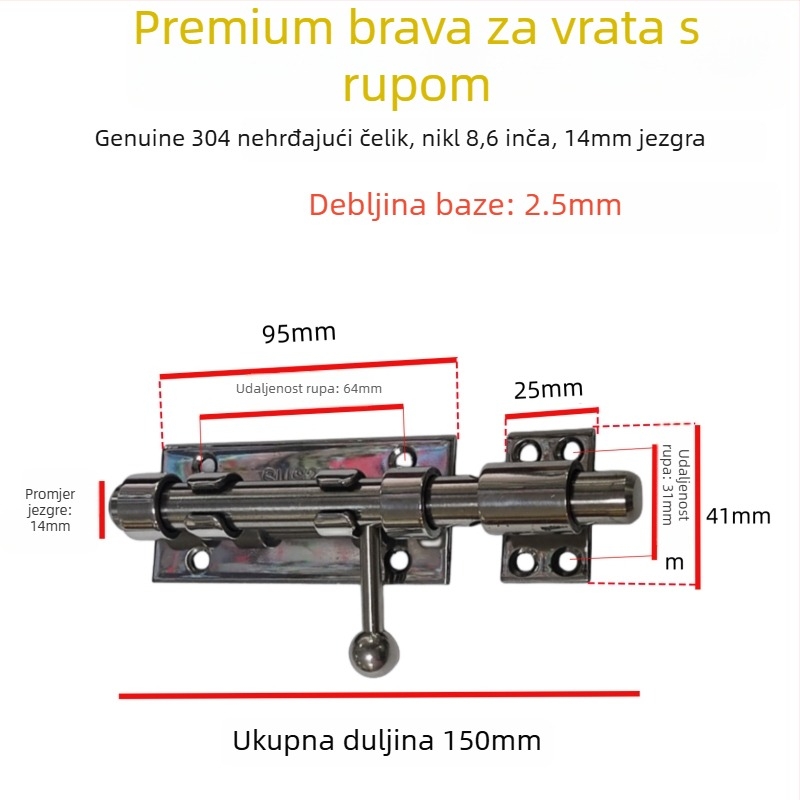 Brava za vrata tip Nebo i Zemlja, od nehrđajućeg čelika, polirana površina, gornja i donja brava sa zaštitnim poklopcem za prašinu