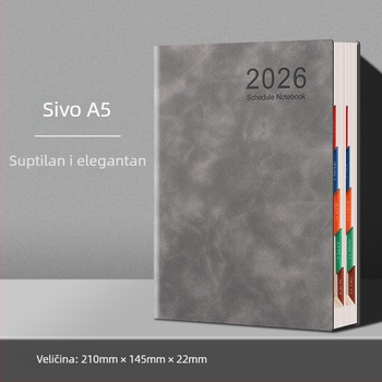 Poslovni bilježnica 2026: kalendar dan po stranici, provjera samodiscipline i dnevnik učinkovitosti (Dowling papir, 80 g; 200–300 stranica; veza nitima; kožna korica)