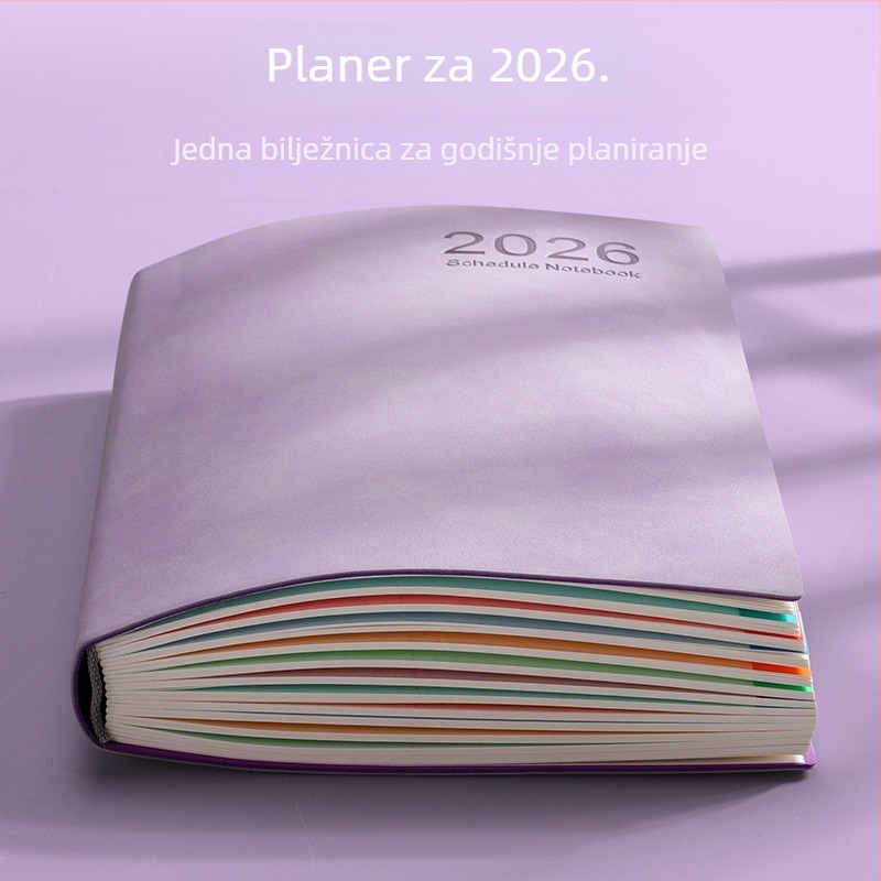 Poslovni bilježnica 2026: kalendar dan po stranici, provjera samodiscipline i dnevnik učinkovitosti (Dowling papir, 80 g; 200–300 stranica; veza nitima; kožna korica)