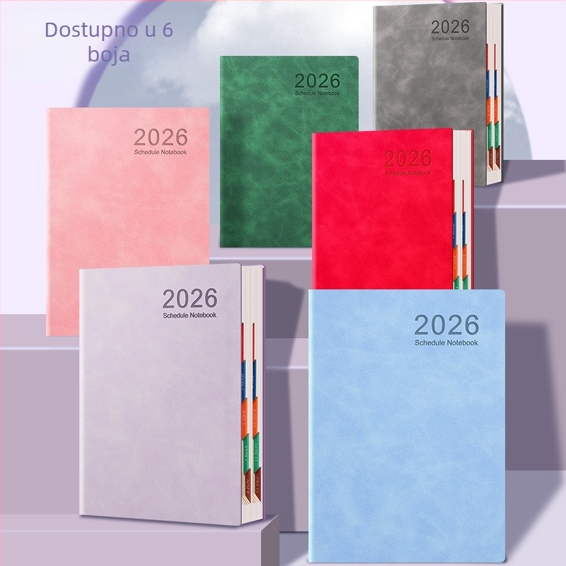 Poslovni bilježnica 2026: kalendar dan po stranici, provjera samodiscipline i dnevnik učinkovitosti (Dowling papir, 80 g; 200–300 stranica; veza nitima; kožna korica)