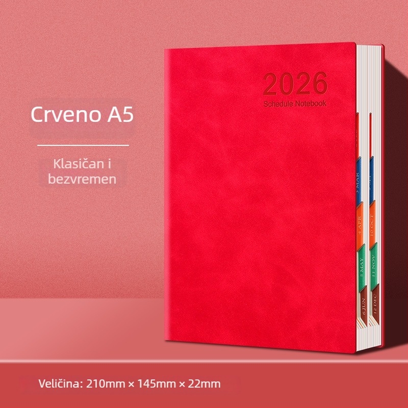 Poslovni bilježnica 2026: kalendar dan po stranici, provjera samodiscipline i dnevnik učinkovitosti (Dowling papir, 80 g; 200–300 stranica; veza nitima; kožna korica)