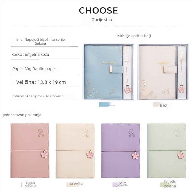 Bilježnica Sakura serije, šivano uvez, PU korica, Dowling papir, 80 g, 50-100 stranica
