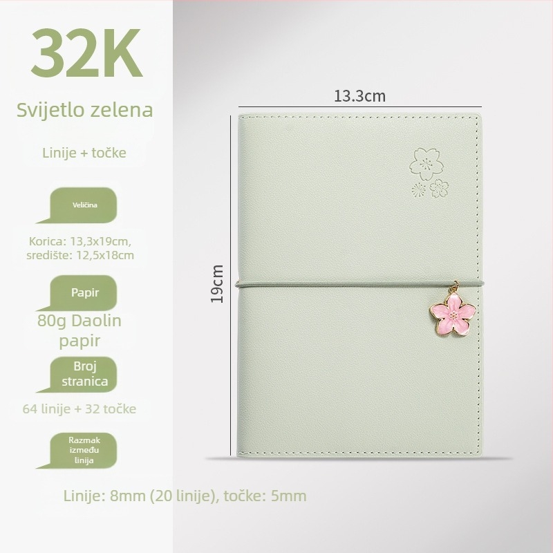 Bilježnica Sakura serije, šivano uvez, PU korica, Dowling papir, 80 g, 50-100 stranica