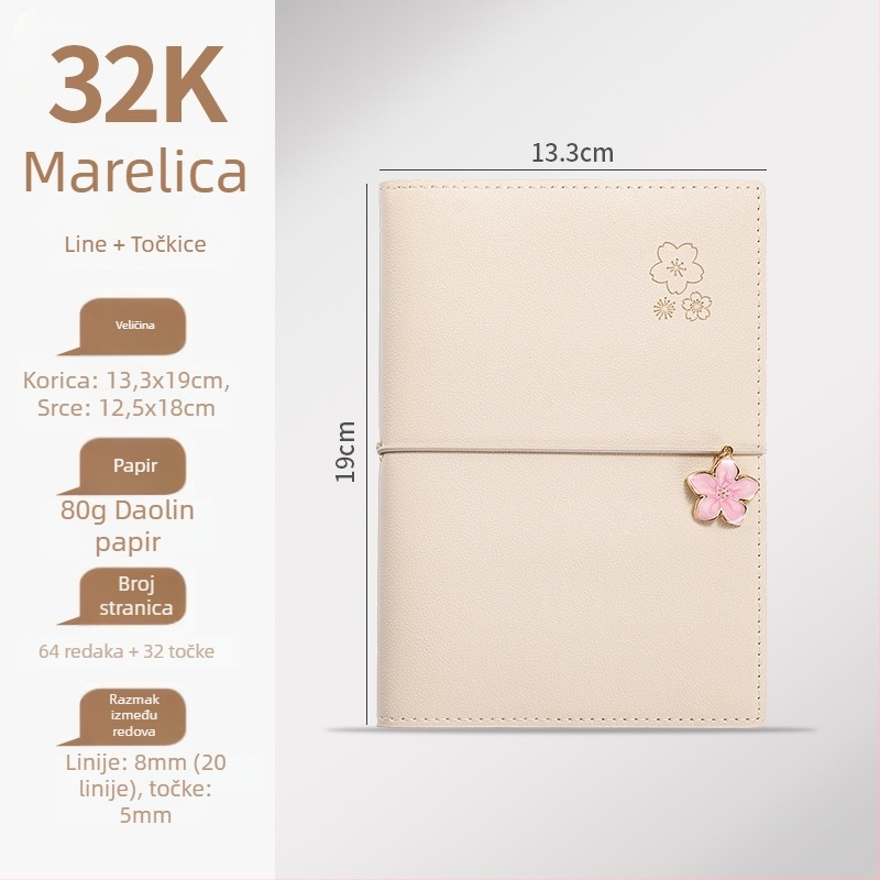 Bilježnica Sakura serije, šivano uvez, PU korica, Dowling papir, 80 g, 50-100 stranica