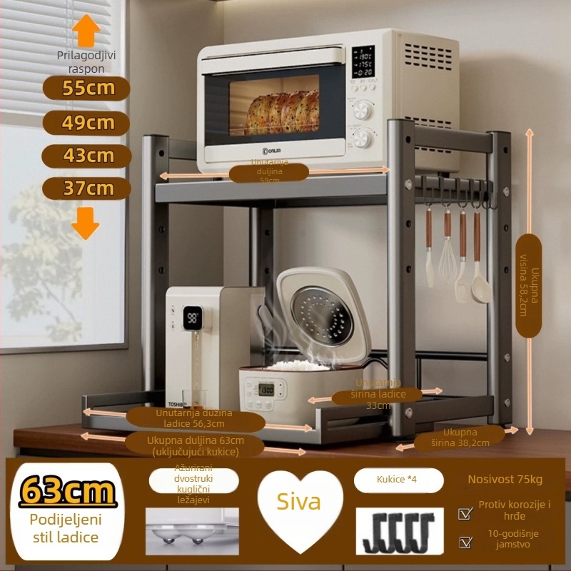Kuhinjski pultni izvlačni spremišni stalak — višenamjenski za kuhanje riža, pećnicu i air fryer; karbonsko čelično; model: izvlačni spremišni stojak; stil: moderni minimalizam; način obrade: prilagođeni uzorci