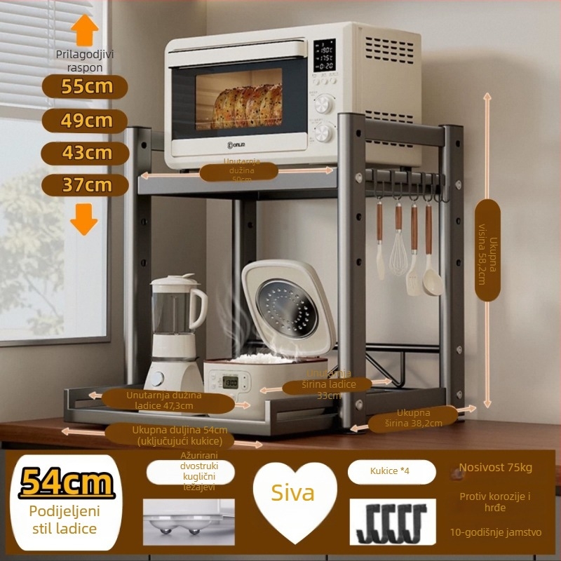 Kuhinjski pultni izvlačni spremišni stalak — višenamjenski za kuhanje riža, pećnicu i air fryer; karbonsko čelično; model: izvlačni spremišni stojak; stil: moderni minimalizam; način obrade: prilagođeni uzorci