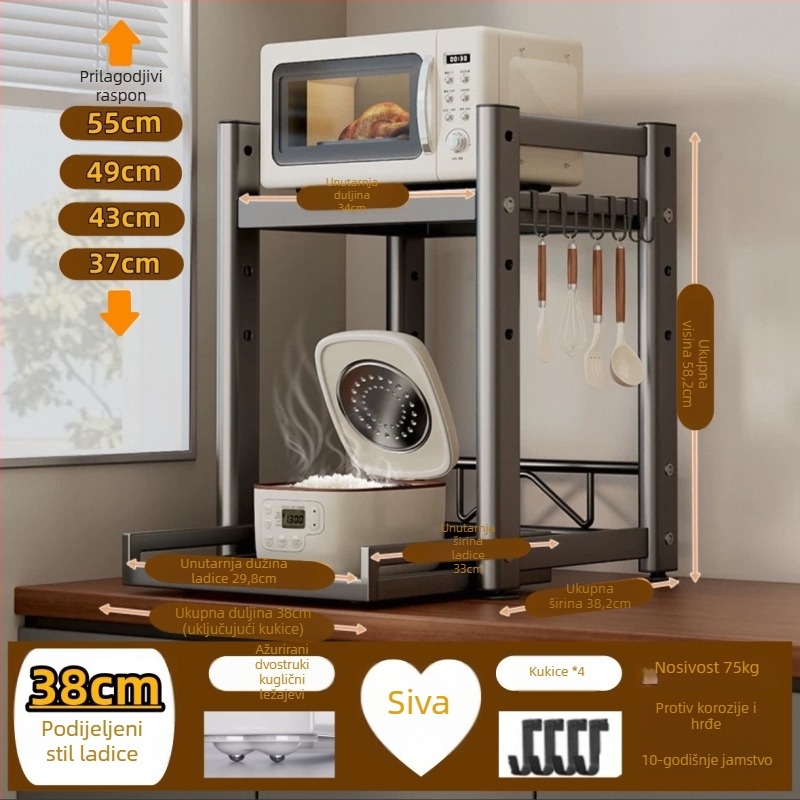 Kuhinjski pultni izvlačni spremišni stalak — višenamjenski za kuhanje riža, pećnicu i air fryer; karbonsko čelično; model: izvlačni spremišni stojak; stil: moderni minimalizam; način obrade: prilagođeni uzorci