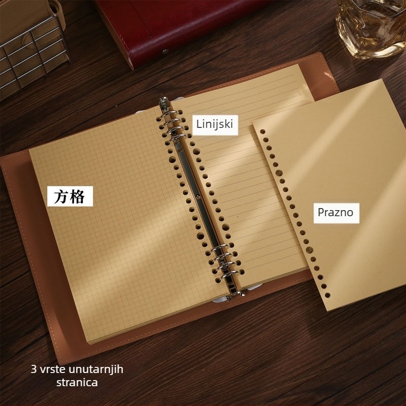 Bilježnica Unique s kožnim izgledom, spajanje na prstenove, papir od drvenog celuloznog vlakna, težina papira 40 g/m², 1-50 stranica