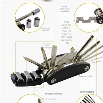 Set za popravak bicikla čeličnim višefunkcionalnim alatom i alatom za popravak guma