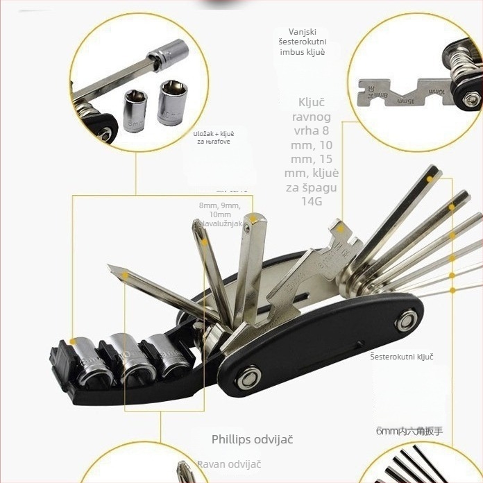 Set za popravak bicikla čeličnim višefunkcionalnim alatom i alatom za popravak guma