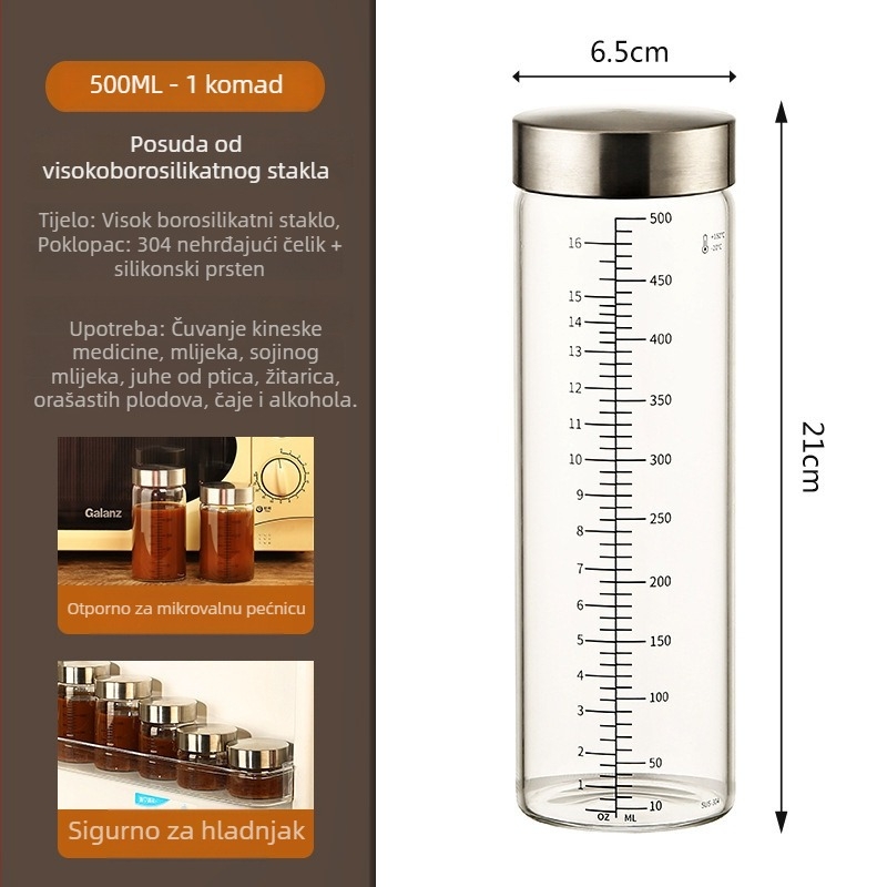 Staklena boca za doziranje kineske medicine s graduacijom, borosilikatno staklo, 301-500 ml, prijenosna, hermetički zatvorena, mikrovalno sigurna