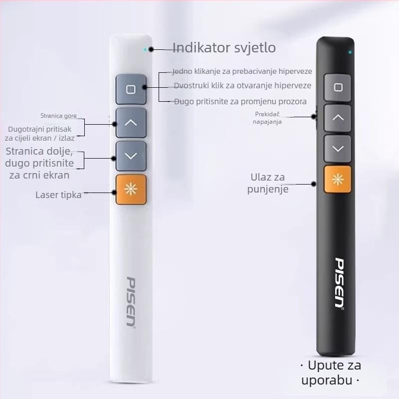 Pinsheng uredska laserska olovka za prebacivanje stranica PPT; višenamjenska daljinska olovka za prezentacije; materijal plastika + silikon + metal; šifra proizvoda 660500070003; moguć ispis loga; prilagodba dostupna.