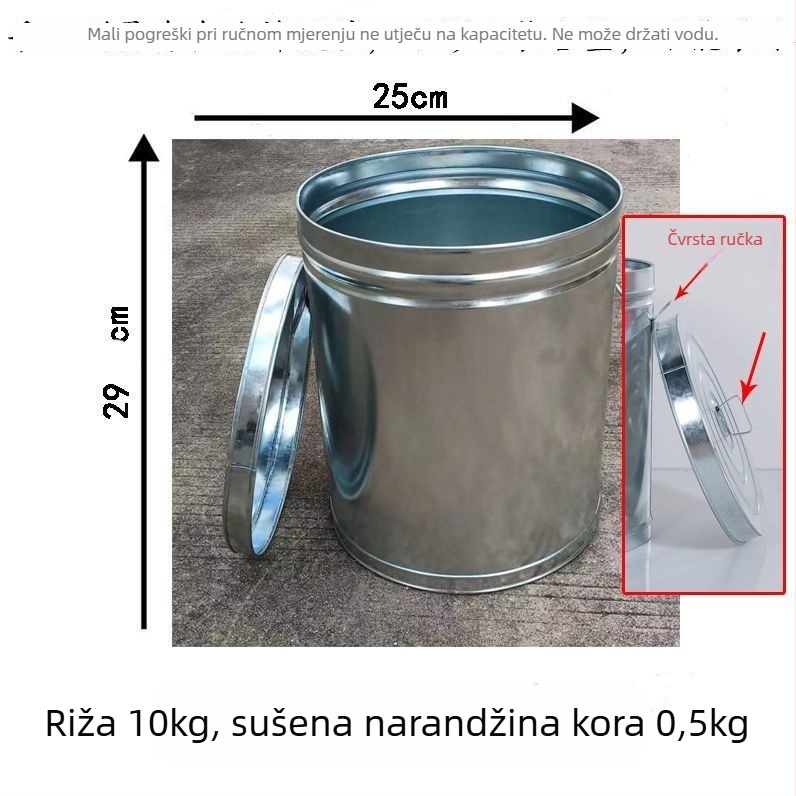 Spremnik za rižu sa zatvorenjem, otporan na vlagu i insekte; metalno tijelo s PVC oblogom; kapacitet ispod 4 L; jednostavan stil