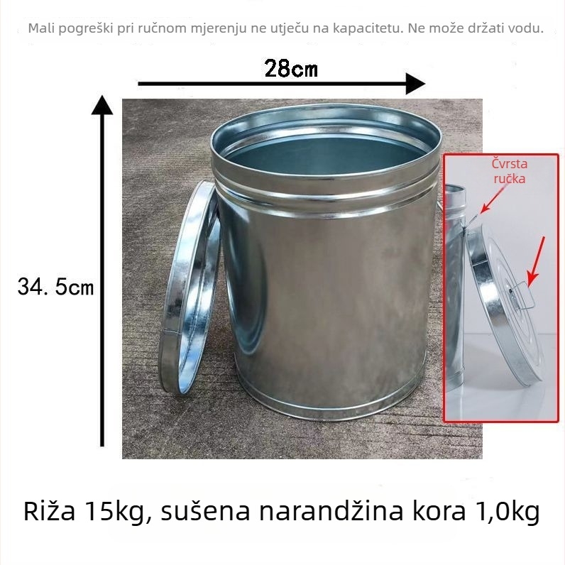 Spremnik za rižu sa zatvorenjem, otporan na vlagu i insekte; metalno tijelo s PVC oblogom; kapacitet ispod 4 L; jednostavan stil