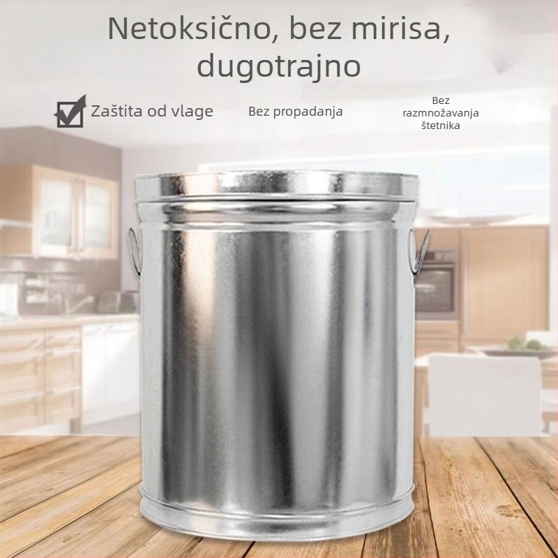 Spremnik za rižu sa zatvorenjem, otporan na vlagu i insekte; metalno tijelo s PVC oblogom; kapacitet ispod 4 L; jednostavan stil