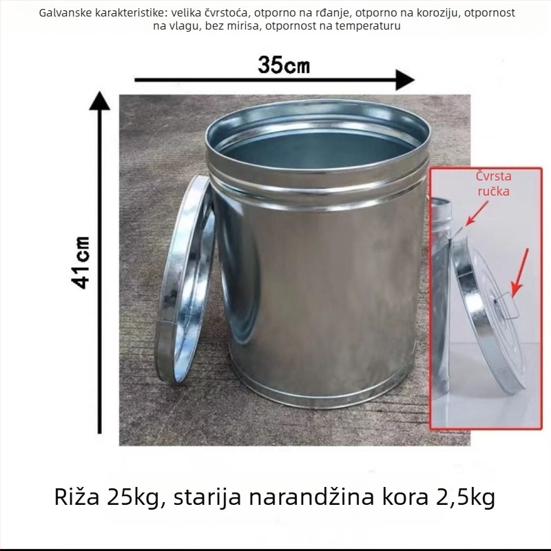 Spremnik za rižu sa zatvorenjem, otporan na vlagu i insekte; metalno tijelo s PVC oblogom; kapacitet ispod 4 L; jednostavan stil